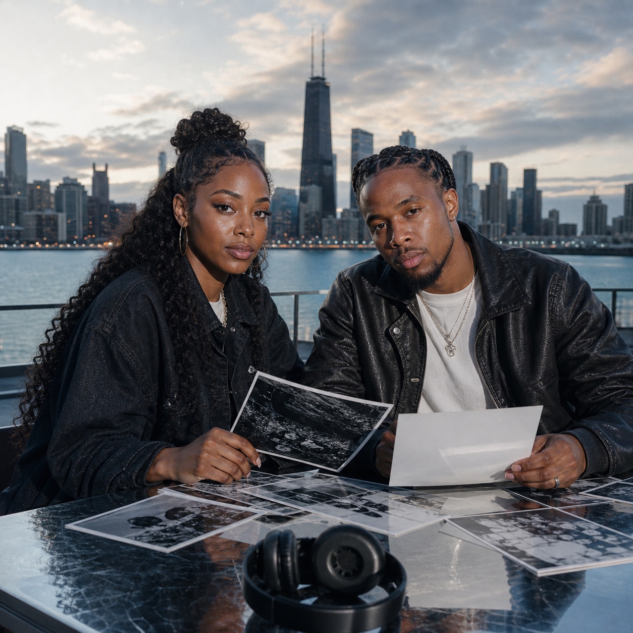 Black Chicago creative duo beside the lakefront skyline