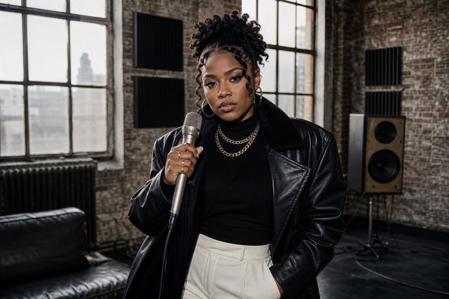 Black woman recording artist in a Chicago studio